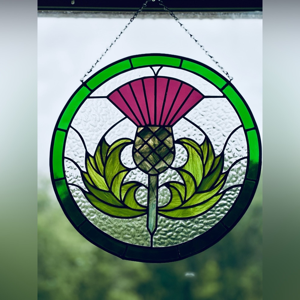 Handmade Stained Glass Window Hanging.  Thistle with Border.